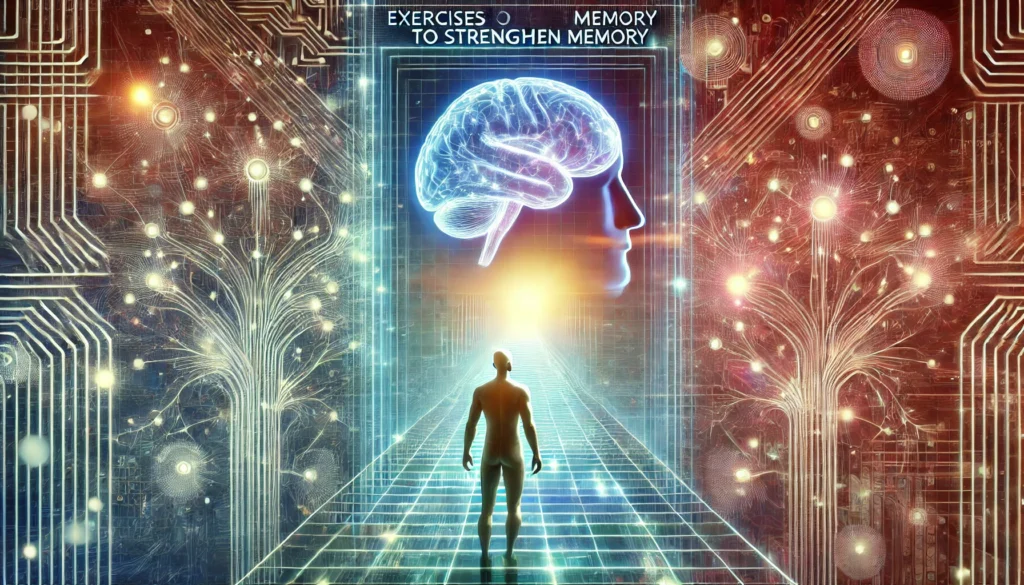 "A visually engaging scene depicting exercises to strengthen memory, with a human figure before a holographic maze, surrounded by neural connections and glowing data streams symbolizing memory enhancement."