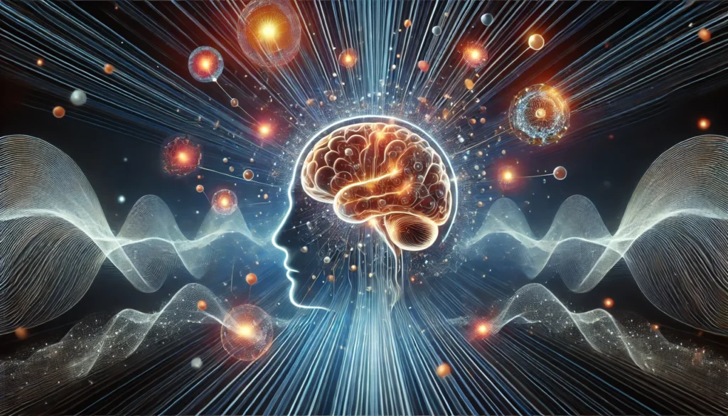 "A visually striking representation of cognitive function improvement, featuring an abstract human brain surrounded by floating, glowing spheres representing memory, focus, and intelligence."