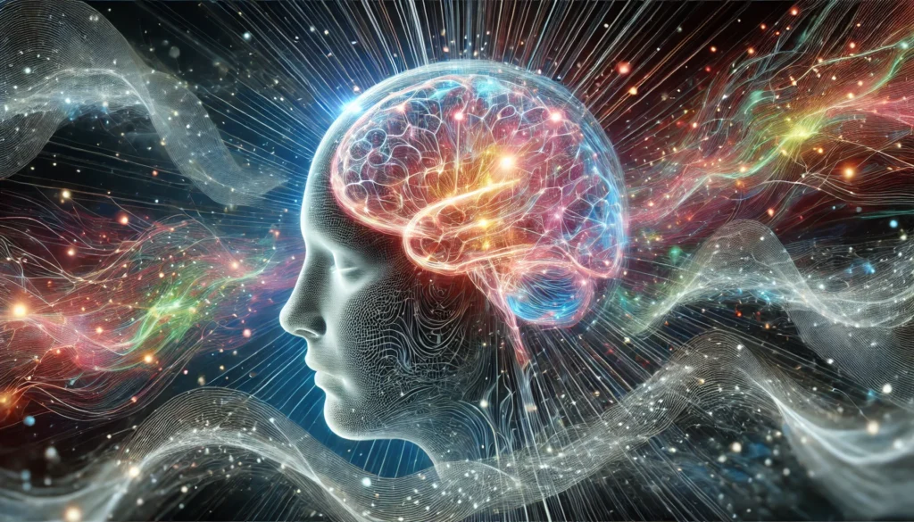 "An artistic visualization of brain training, showcasing a transparent human head with a bright neural network and abstract energy waves representing cognitive enhancement and deep thought."