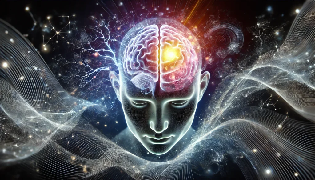 "An artistic visualization of enhanced cognitive brain function, showcasing a human head with an illuminated brain surrounded by flowing neural pathways and glowing light waves, representing mental agility and deep cognitive processing."