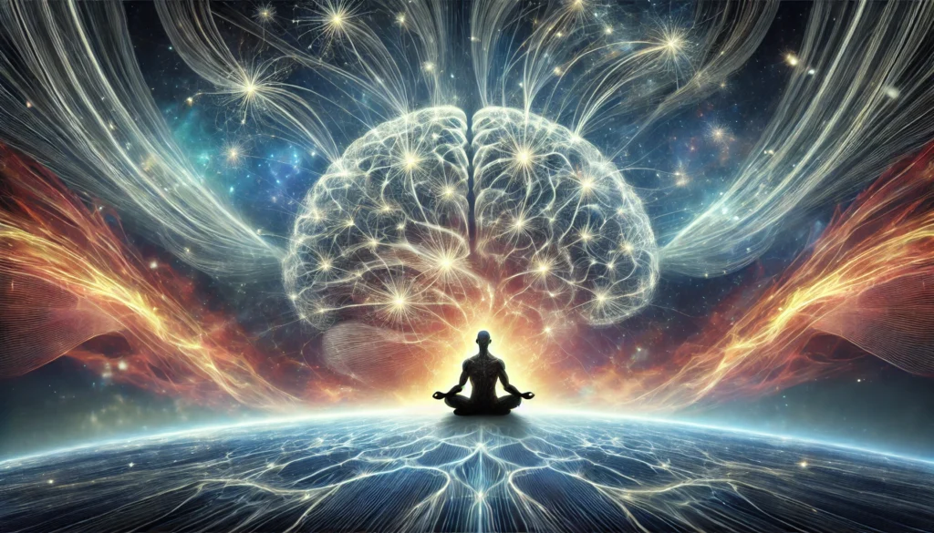 A conceptual representation of mindfulness and mental rewiring, showing a person in a meditative pose with glowing neural connections radiating from their brain. The background features an ethereal, cosmic landscape, symbolizing deep focus and brain transformation through mindfulness.