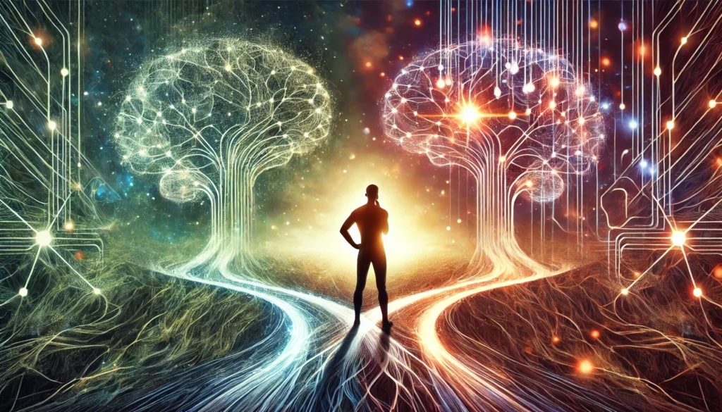 An artistic representation of habit transformation, featuring a human silhouette standing at a crossroads. One path consists of tangled neurons, while the other is illuminated with structured, glowing pathways, symbolizing cognitive change and positive habit formation.
