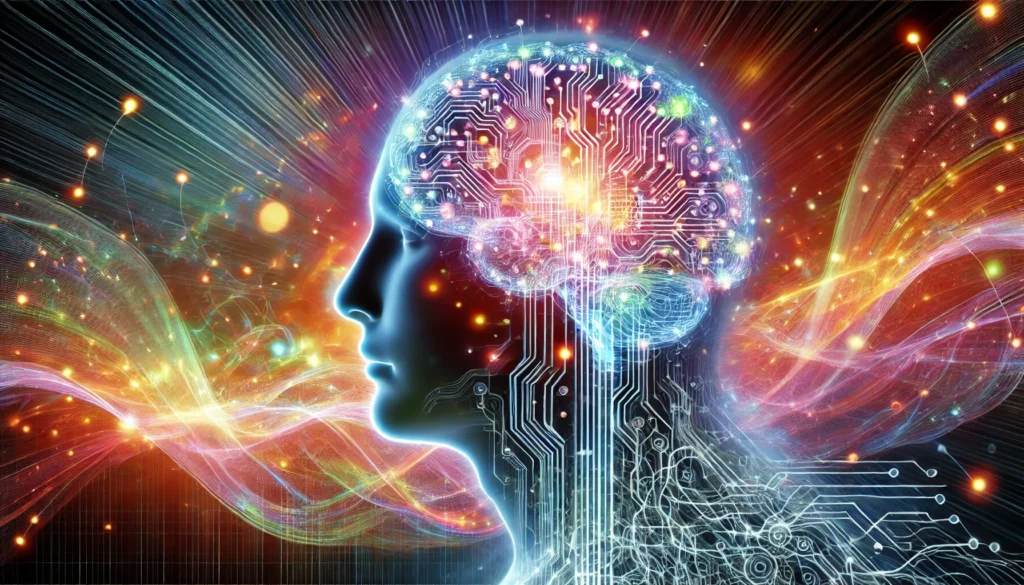 A futuristic and abstract depiction of learning and brain retraining, showcasing a glowing human brain made of interconnected circuits and organic neural networks. Vibrant colors flow through the brain, set against a swirling energy field, symbolizing continuous learning and cognitive adaptation.