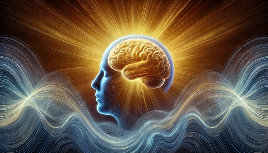 A tranquil depiction of a human brain immersed in soothing, radiant energy waves. Warm golden and blue hues flow around the brain, symbolizing restoration, neural rejuvenation, and deep cognitive healing.