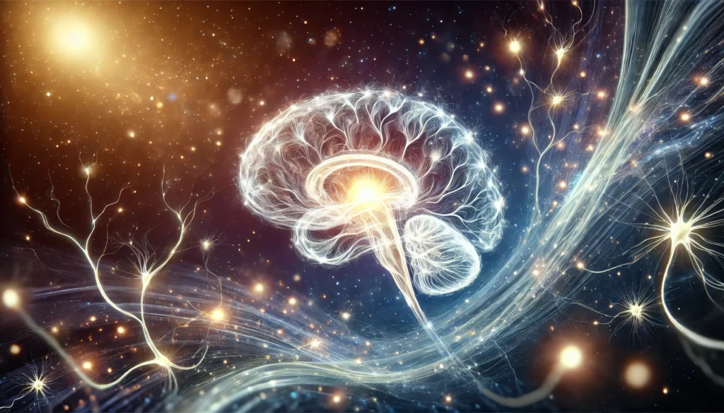 A futuristic artistic representation of brain cells regenerating, with delicate, glowing neurons and synapses intertwining with soft, organic light. The cosmic-like background symbolizes the brain’s infinite potential for healing and recovery.