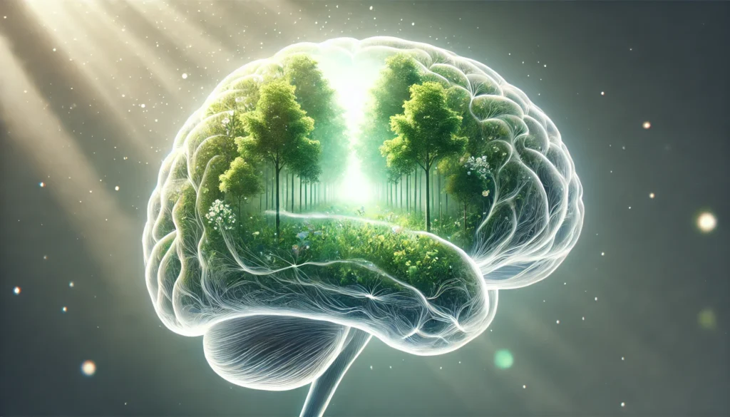An abstract, nature-inspired visualization of brain healing, featuring a lush forest growing inside a translucent brain shape. Soft sunlight filters through, symbolizing regeneration, resilience, and neural recovery in a calming, restorative atmosphere.