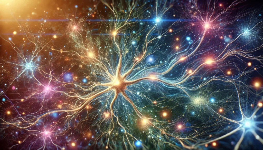 A surreal artistic depiction of interconnected neurons forming a glowing network, with delicate branching synapses carrying light pulses, symbolizing enhanced neural pathway strength in an ethereal blue, purple, and gold color scheme.