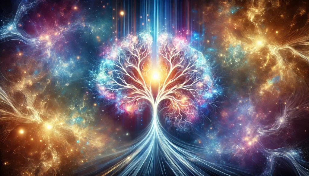An abstract representation of neural growth and brain optimization, featuring a luminous neural tree-like structure with vibrant energy currents, set against a cosmic background of deep blues, purples, and soft golds.