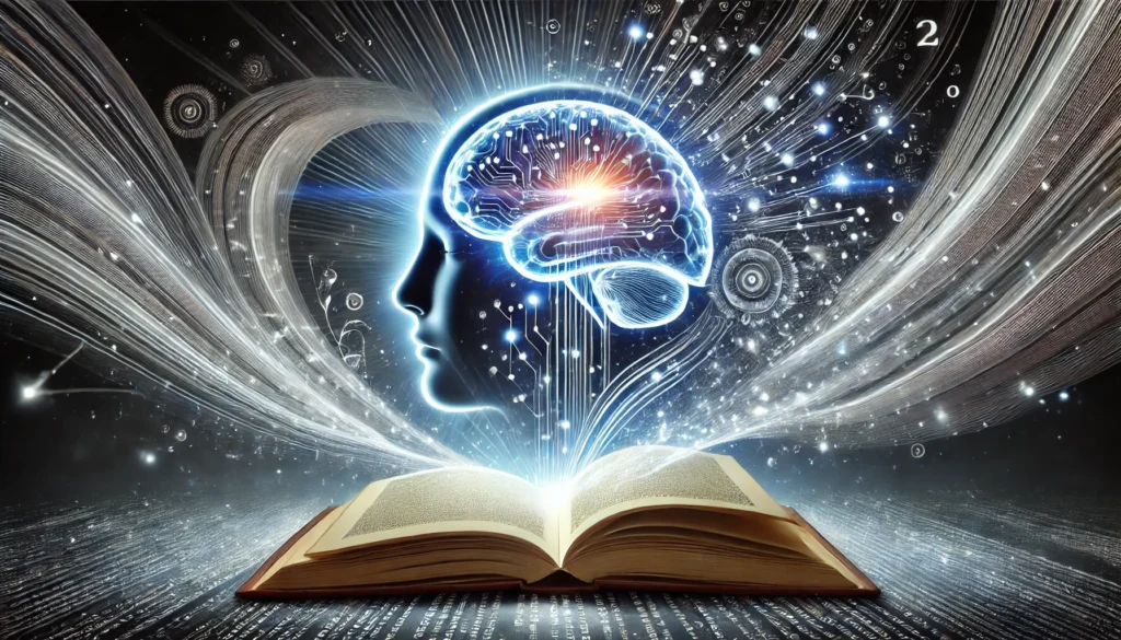 A conceptual digital artwork illustrating enhanced reading comprehension and speed. The image features an open book emitting bright energy waves that merge with a human brain, symbolizing deep retention and accelerated cognitive processing.