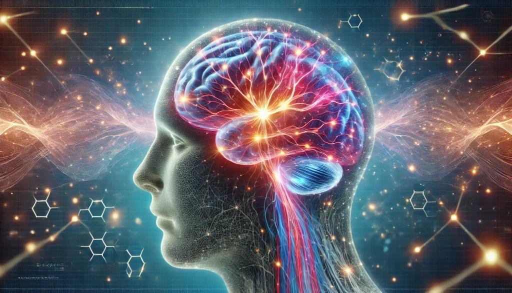 A digital illustration of a human brain with glowing neural pathways, depicting increased synaptic activity. The futuristic, high-tech aesthetic highlights vibrant colors representing active neural connections, symbolizing cognitive enhancement.
