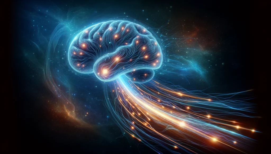A conceptual digital artwork illustrating a glowing pathway of neurons inside a human brain, symbolizing cognitive enhancement and mental agility. The brain appears to be processing high-speed information, represented by flowing light trails and abstract data patterns. The background is a deep, cosmic blue, emphasizing a sense of intelligence and productivity.