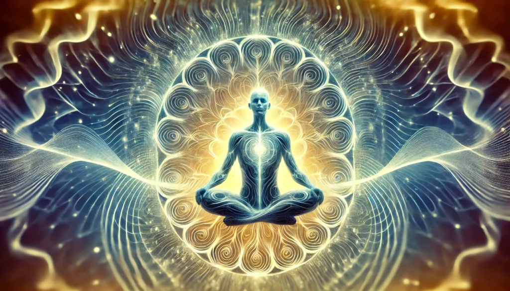 An artistic visualization of a meditative human figure with a radiant aura, symbolizing deep concentration and enhanced productivity. The figure is surrounded by swirling, ethereal energy patterns representing focus and cognitive clarity. The background consists of a soft gradient transitioning from cool blues to warm golds, illustrating balance and mental sharpness.