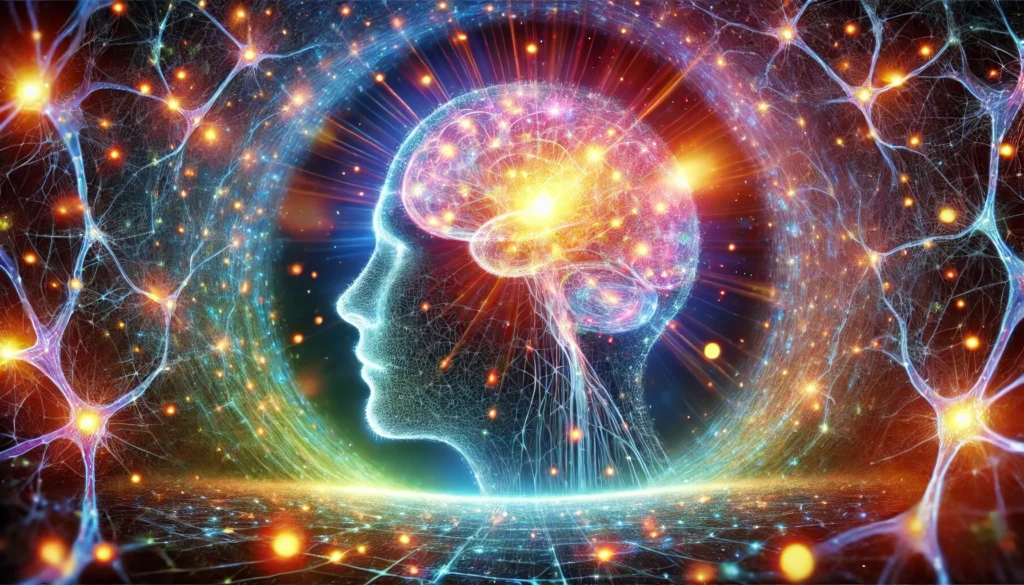 A surreal representation of cognitive growth, depicting a human mind evolving with layers of light and abstract elements, emphasizing intelligence, learning, and mental clarity.
