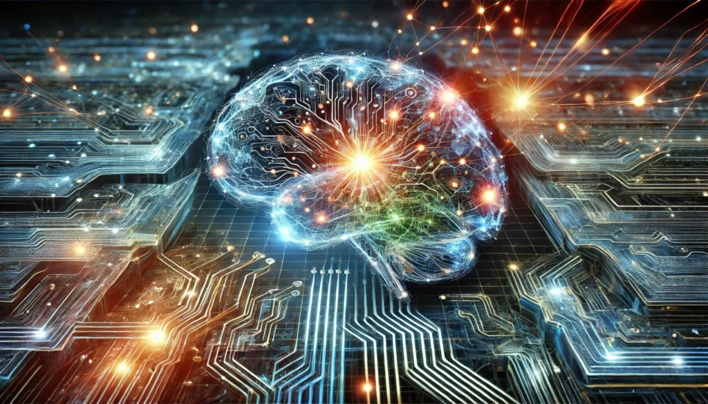 "A high-tech depiction of neural pathway strengthening, showing an abstract brain with interconnected circuits and vibrant electric currents representing enhanced cognition."