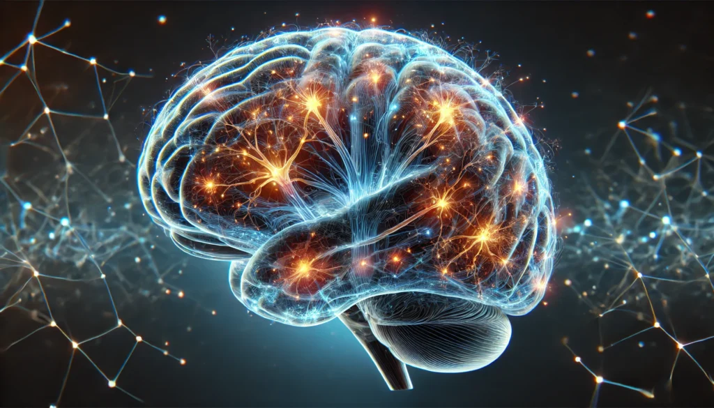A highly detailed 3D-rendered illustration of a semi-transparent human brain with glowing neural pathways, depicting cognitive function and neural connectivity in vibrant blue and orange hues.
Now, I will generate the third image