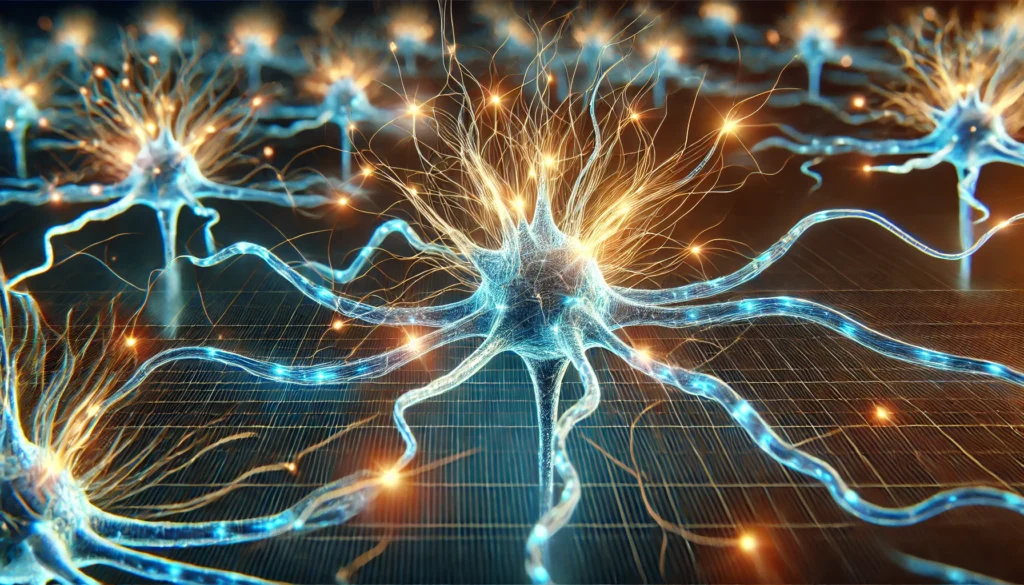 A close-up digital rendering of neurons firing electrical impulses, showcasing the intricate network of neural connections in blue and gold, representing brain activity during a neurological test.