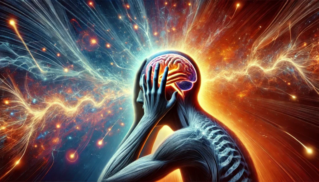A surreal digital painting of a person holding their head in distress, with abstract glowing energy waves radiating from the brain, symbolizing chronic pain, cognitive fog, and emotional turmoil associated with long-term traumatic brain injury symptoms. The background blends deep blues and fiery oranges, reflecting the contrast between struggle and hope.