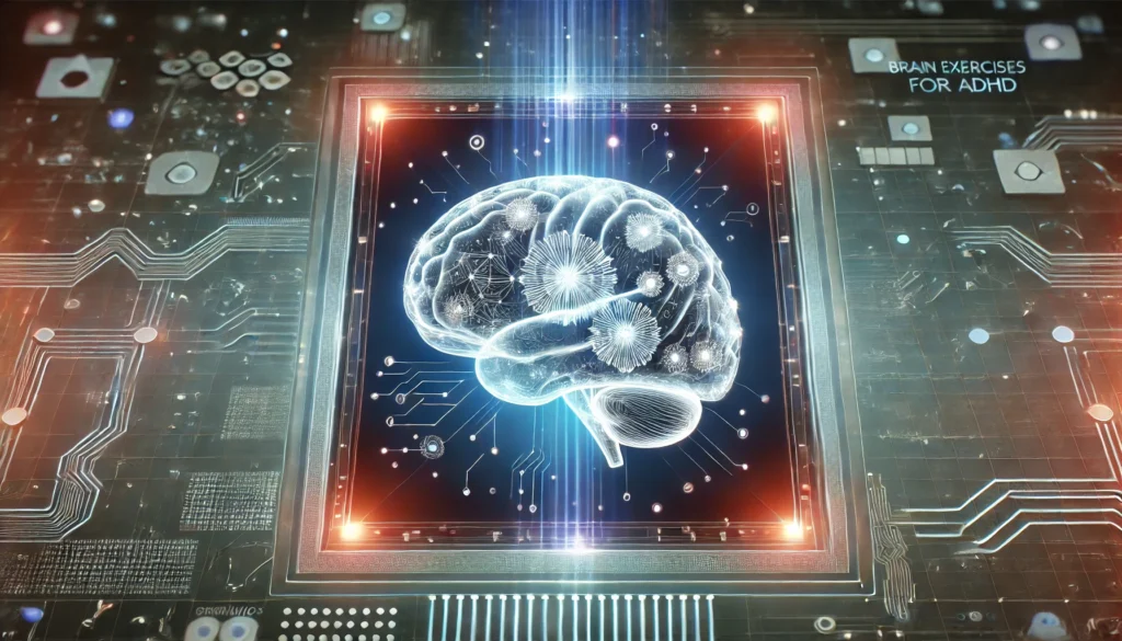 "A conceptual visualization of brain exercises for ADHD, showing a glowing brain inside a high-tech interface with neural circuits and data streams representing enhanced concentration."