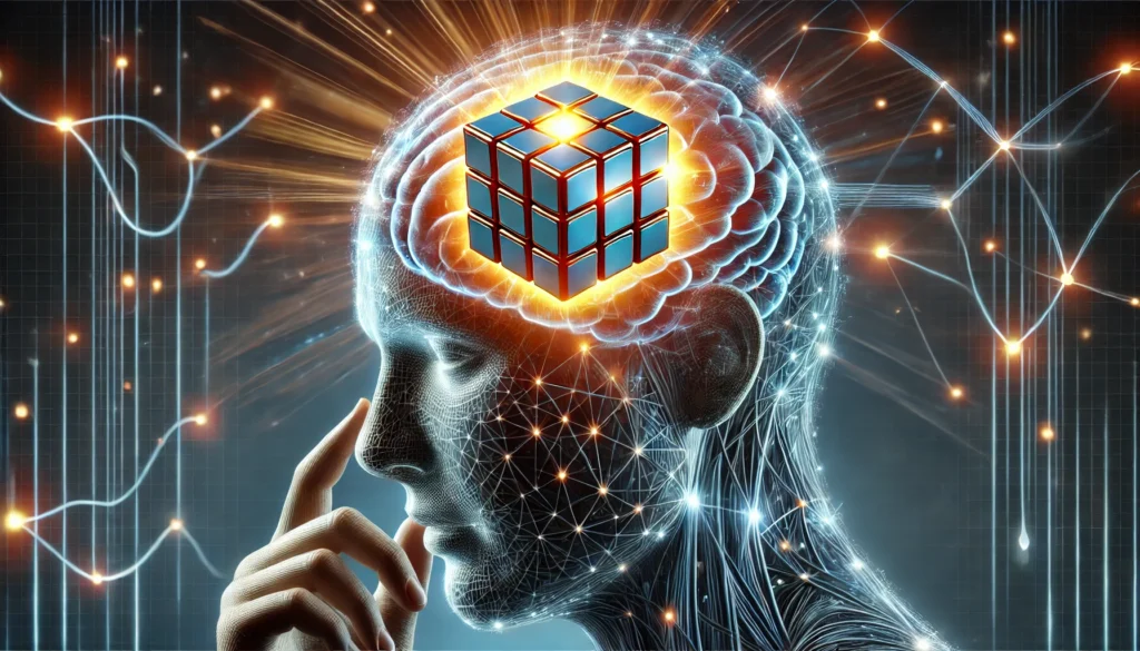 "A futuristic concept illustration of a human mind interacting with a Rubik’s Cube-like puzzle, symbolizing offline problem-solving, neural stimulation, and enhanced cognitive function."