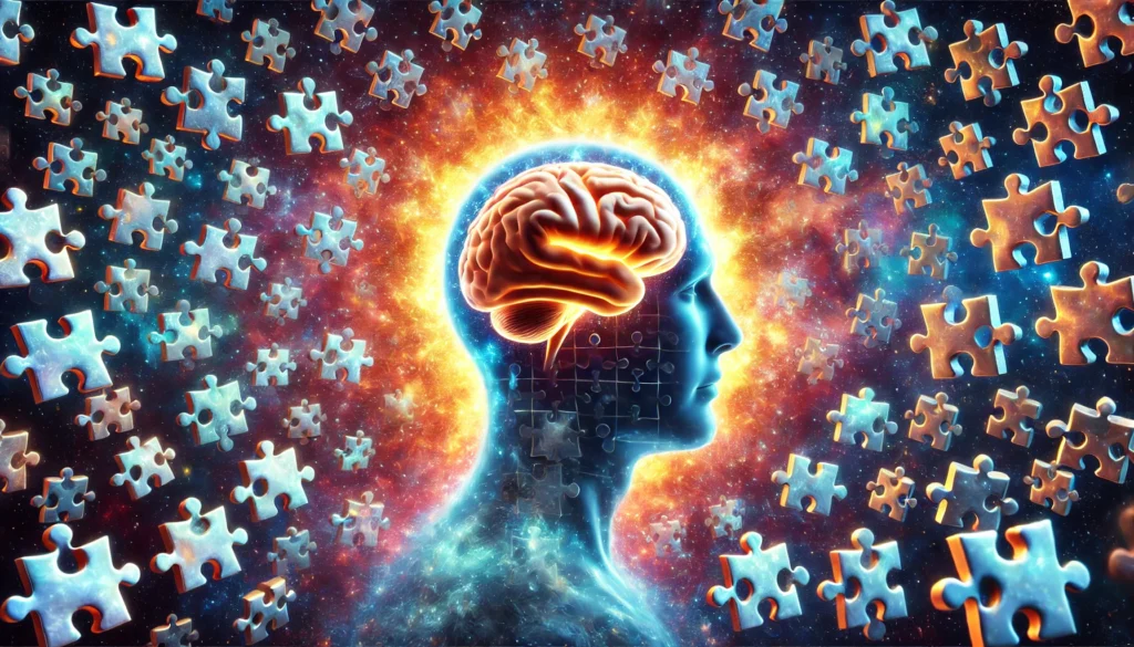 "A surrealistic digital painting of a glowing human brain surrounded by puzzle pieces, illustrating problem-solving, memory enhancement, and mental agility through offline brain games."