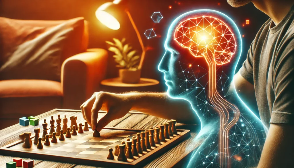 "An artistic representation of a person engaging in a strategic board game, set in a warm and inviting environment, symbolizing offline cognitive training and mental stimulation."
