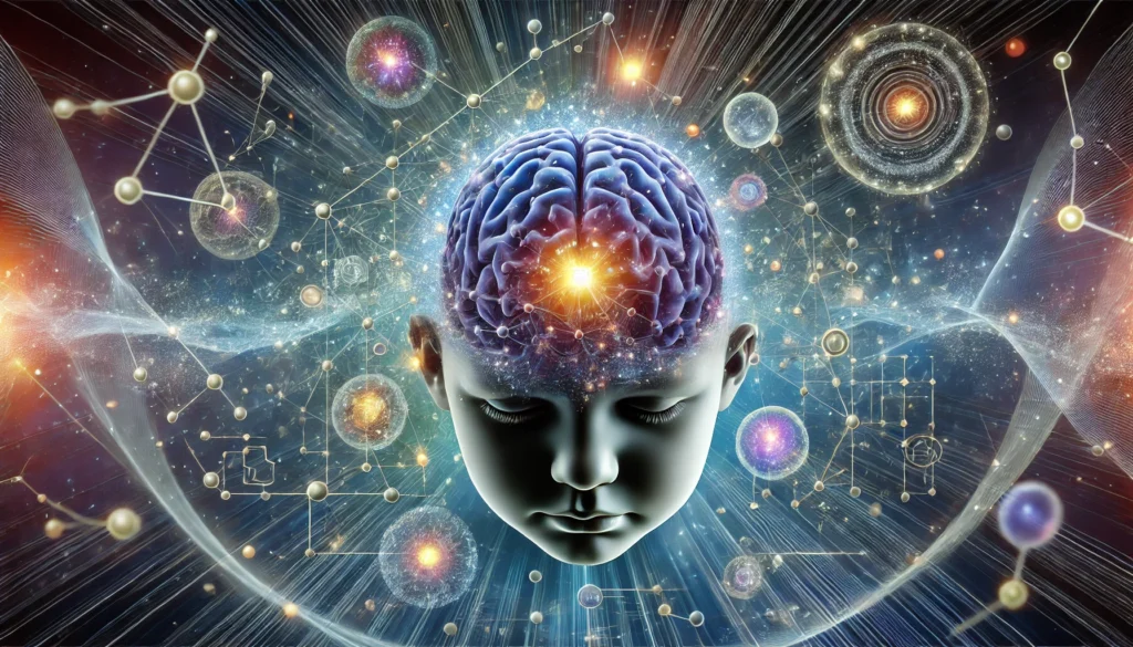 "A surreal representation of cognitive growth, showing a child's mind expanding into a universe of glowing orbs, neural networks, and abstract thought patterns, symbolizing limitless learning potential."