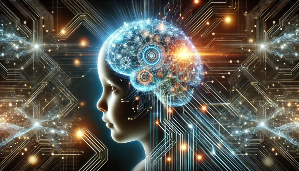 "A futuristic digital artwork of a child's brain connected to glowing circuits and neural networks, symbolizing advanced cognitive development, memory enhancement, and focus improvement."