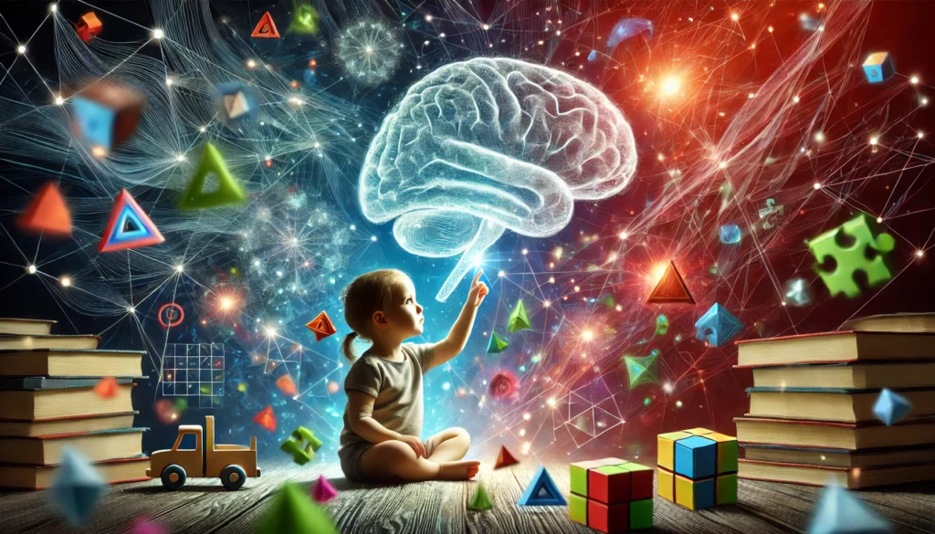 "An imaginative scene of a young child surrounded by floating geometric shapes, colorful puzzle pieces, and glowing neural pathways, representing problem-solving and brain development."
