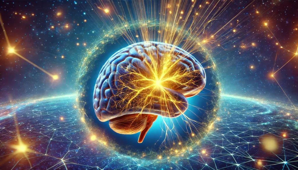 A hyper-realistic depiction of brain healing and neural recovery, showing a fragmented neural network regenerating with golden energy, symbolizing restoration and reconnection. The deep blue cosmic-like background represents the vast potential of neural regeneration.