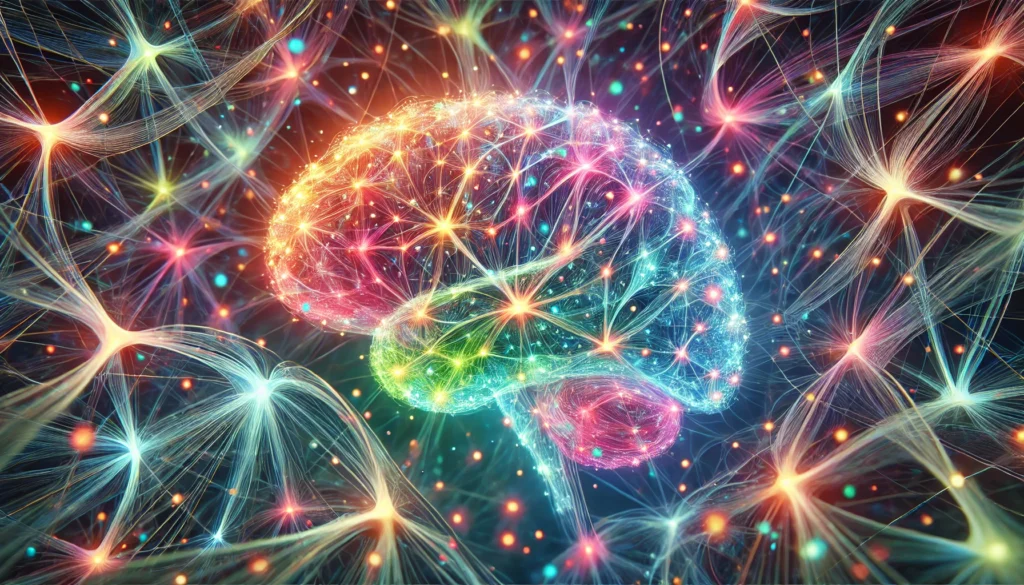 An artistic representation of neuroplasticity, displaying interconnected neural pathways illuminated in a spectrum of colors, symbolizing learning, memory, and cognitive adaptability. The glowing synapses form a mesmerizing web of connection, surrounded by an ethereal, soft-lit brain structure.