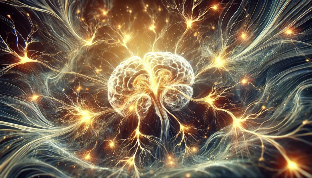 A breathtaking visualization of the brain’s self-repair mechanism, featuring delicate neural tendrils reconnecting and glowing with a soothing golden light. The backdrop is an abstract fluid-like energy field, representing the brain’s ability to heal and strengthen neural pathways.