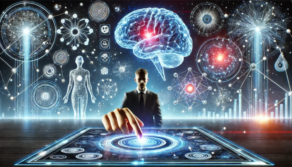 "A futuristic concept of a person interacting with a digital brain-training interface, surrounded by floating holographic neurons and memory-enhancing symbols."
