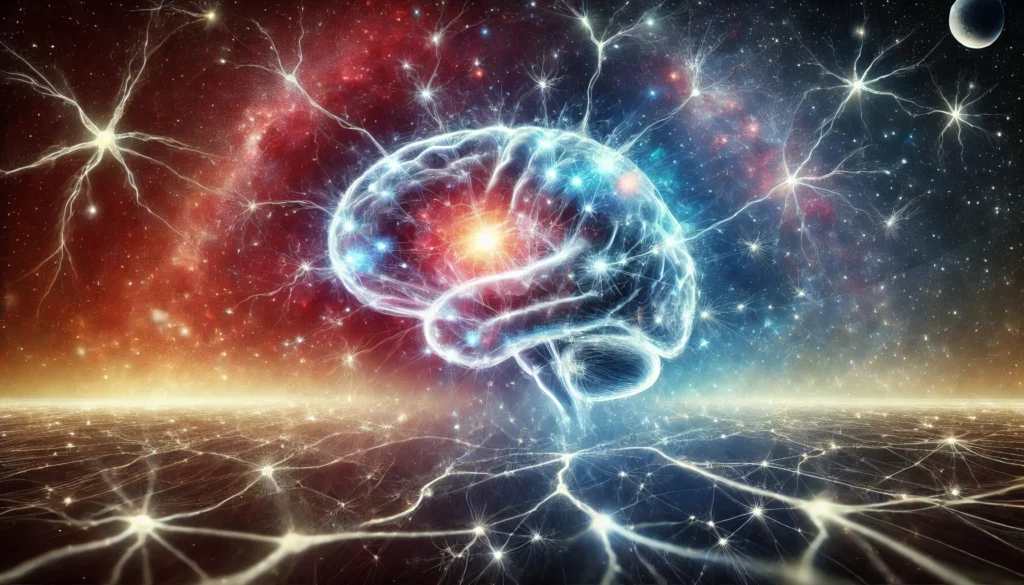 "A surreal digital depiction of a mind expanding into a universe of interconnected neurons, symbolizing cognitive growth, memory enhancement, and brainpower."