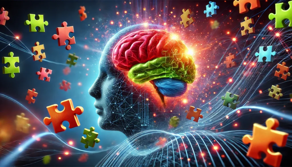 "An artistic representation of a human brain connected to floating puzzle pieces, symbolizing cognitive strength, problem-solving abilities, and neural pathway reinforcement."