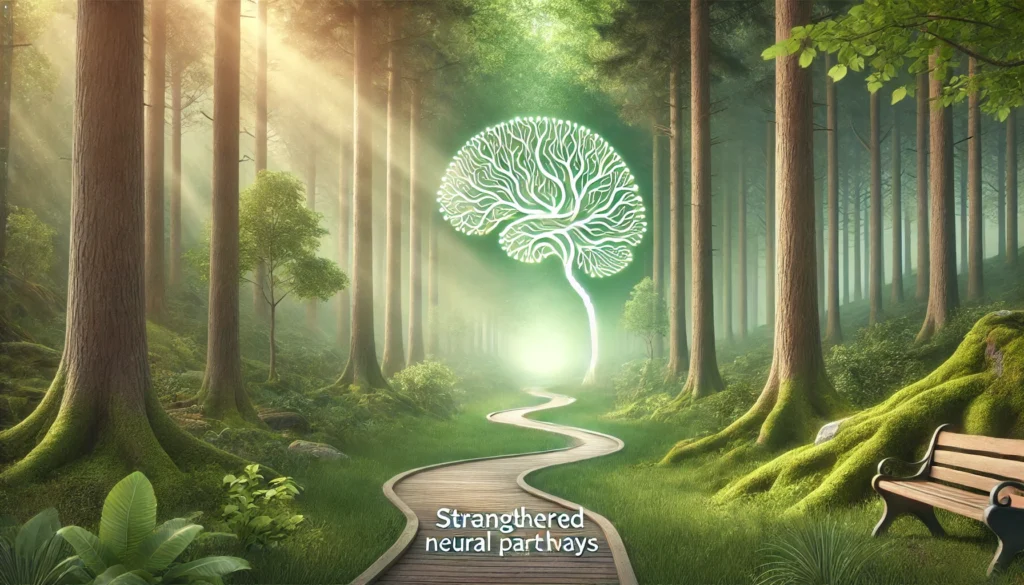 A serene forest with sunlight filtering through lush green trees, symbolizing mental clarity and peace. A winding path through the woods represents strengthened neural pathways, with soft mist adding a calming effect.