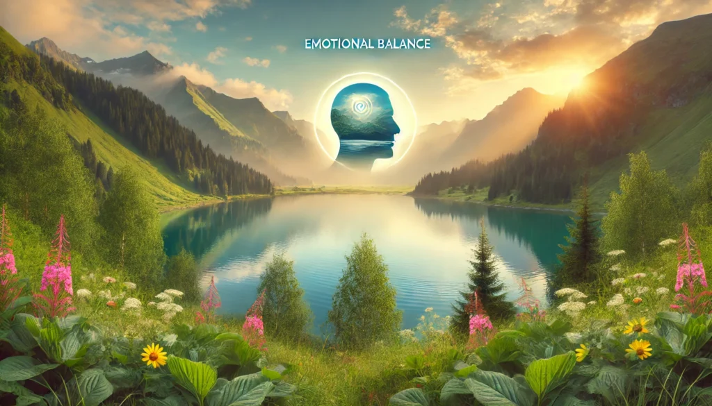 A peaceful mountain lake at sunrise, surrounded by lush greenery and blooming flowers, symbolizing emotional balance and mental rejuvenation. The still water reflects the sky, evoking a sense of clarity and cognitive harmony