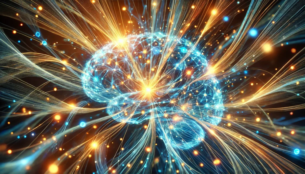 An abstract visualization of neural connections in the brain, glowing with vibrant hues of blue and gold. The dynamic web of synapses represents enhanced cognitive function and memory retention, symbolizing the power of natural brain health solutions.