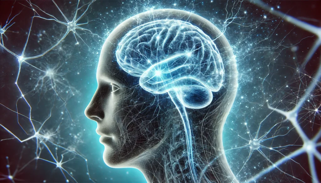 A futuristic concept art of a human head with a transparent skull, revealing an intricate network of illuminated neurons, with a dynamic energy field in the background representing heightened brain activity.