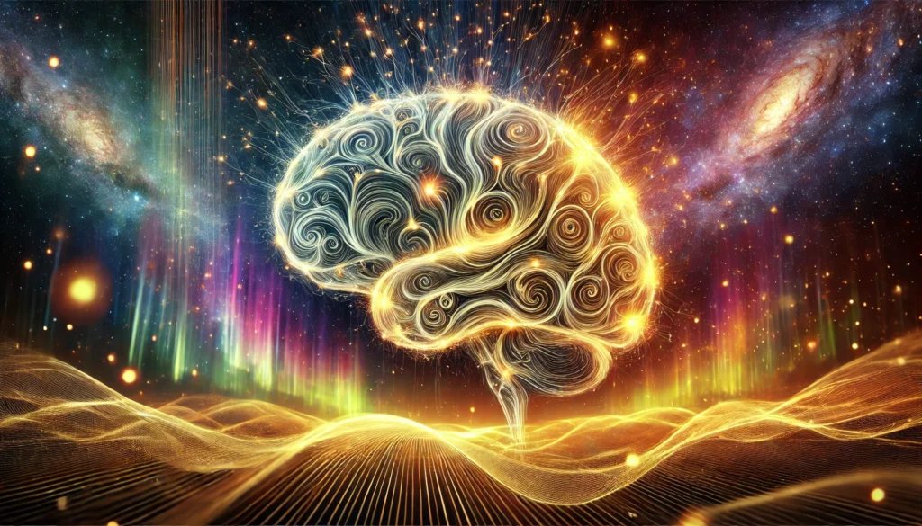 An abstract visualization of human thought, featuring a brain composed of swirling golden light patterns with data streams and neurons flowing outward, set against a cosmic aurora background symbolizing infinite mental capabilities.