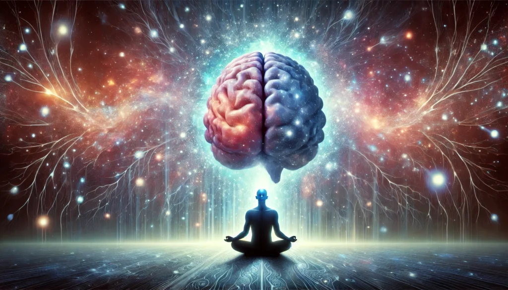 A conceptual artwork of a person meditating, their brain transforming into a luminous galaxy, surrounded by cosmic elements and neural pathways, representing deep thinking and boundless intelligence.