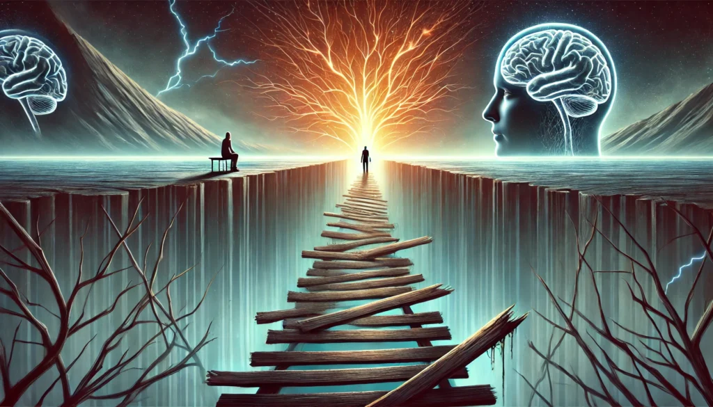 A person stands at the edge of a broken bridge with missing planks, symbolizing disrupted neural pathways due to post-concussion syndrome. In the distance, a glowing path forms, representing healing, resilience, and cognitive restoration.