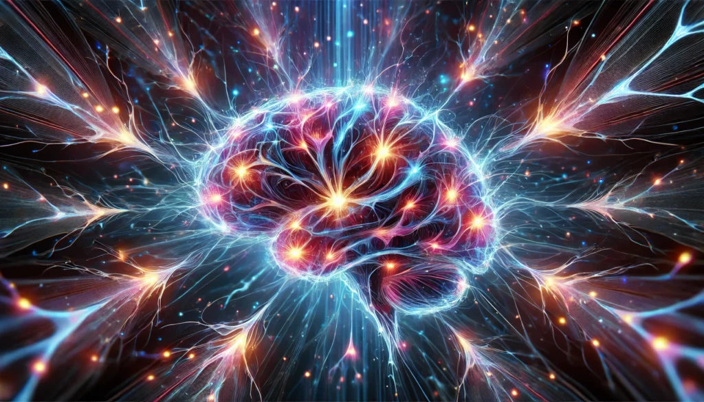 A futuristic visualization of neurons firing with vibrant energy, glowing synapses forming intricate connections, set against an abstract deep blue and purple background representing cognitive expansion."