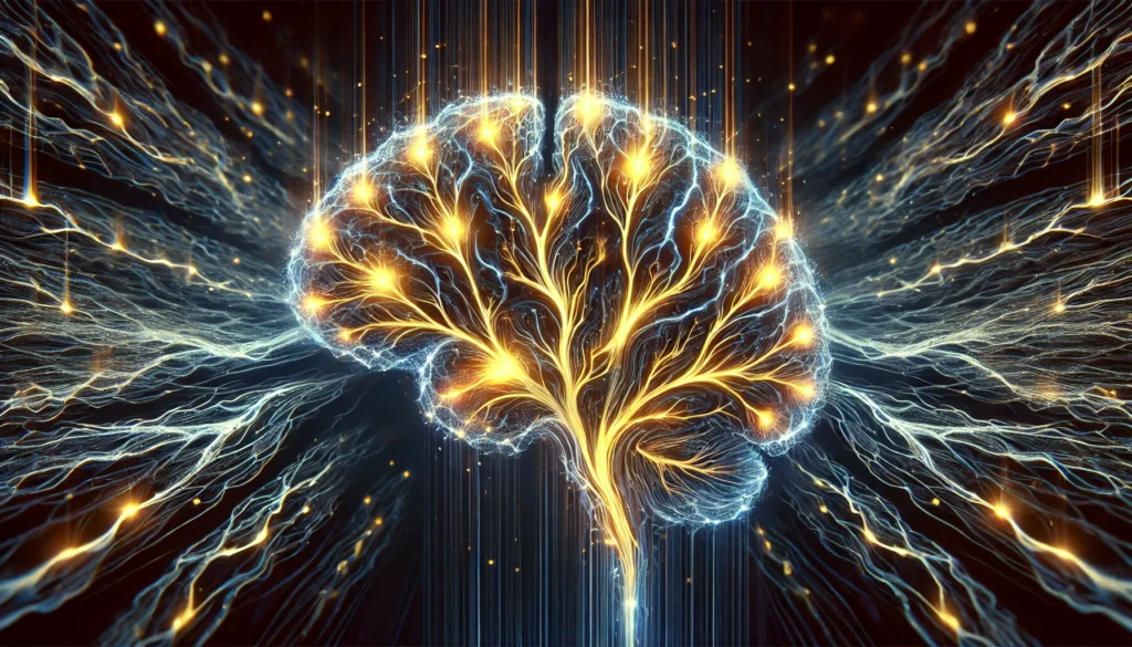 A visually striking neural network with electric energy pulses flowing through interconnected synapses, glowing in blue and gold, symbolizing intelligence, brain optimization, and enhanced memory recall against a deep, futuristic background