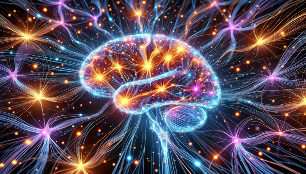 A mesmerizing visualization of dopamine pathways in the brain, showcasing interconnected neurons with vibrant electric blue, deep orange, and neon purple signals representing cognitive function and recall strengthening.
