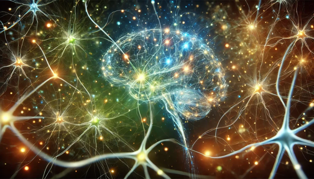 A futuristic depiction of dopamine pathways in the brain, with luminescent hues of blue, green, and gold illustrating synaptic communication, enhanced neural plasticity, and improved cognitive performance.