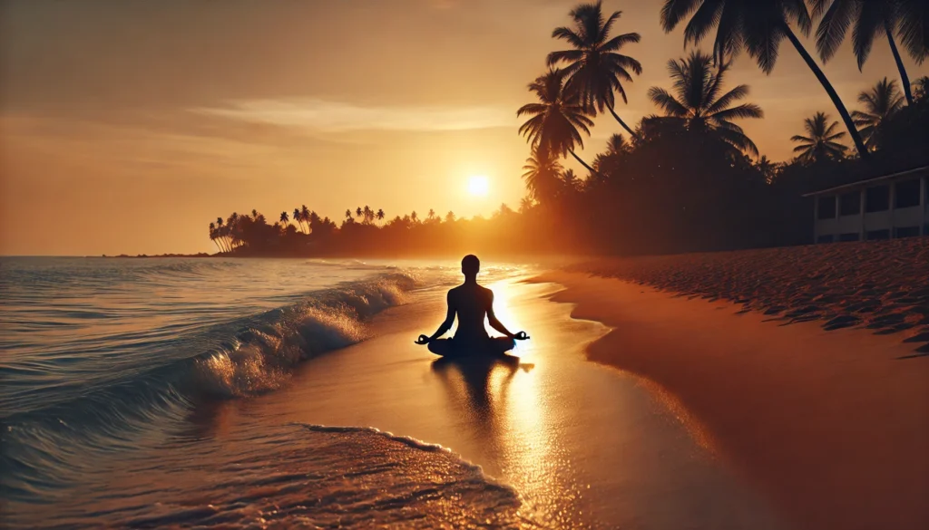 A serene beach at sunset where a person meditates in the lotus position on the sand, with gentle waves reflecting the golden hues of the sun and swaying palm trees in the background.