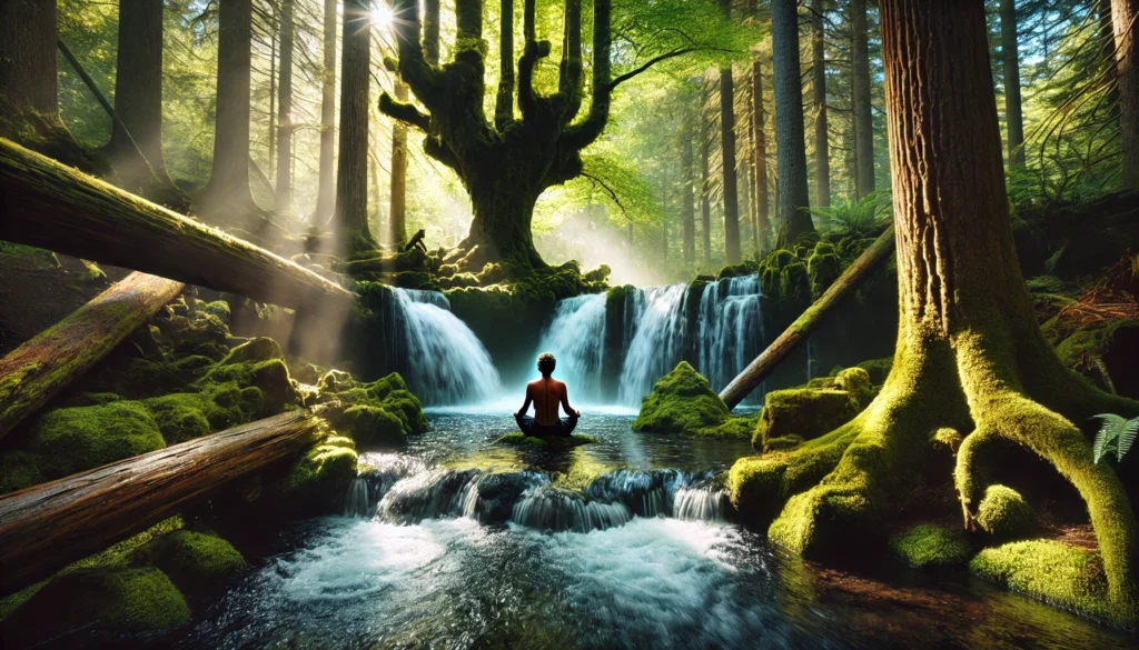 A peaceful forest retreat with a person meditating beside a flowing waterfall, surrounded by moss-covered rocks and sunlight filtering through ancient trees.