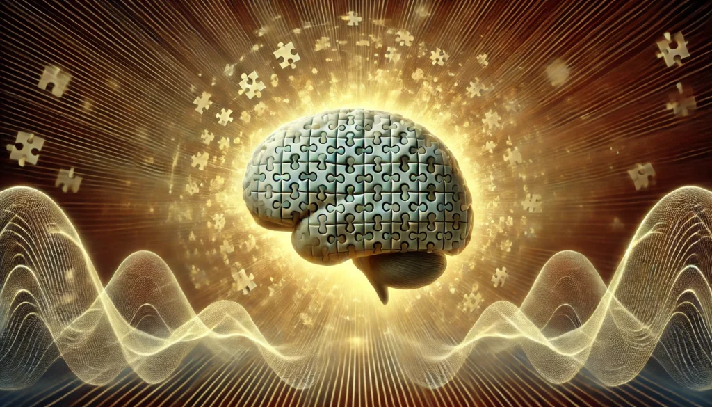 A surreal representation of a human brain constructed from interlocking floating puzzle pieces, radiating golden light, with a mesmerizing wave pattern in the background symbolizing neural strengthening.
