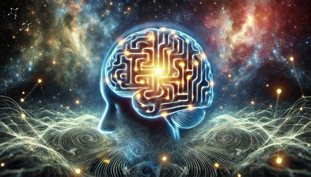 An artistic visualization of a glowing brain maze with illuminated pathways, set against a cosmic landscape with swirling energy fields, representing neural activity and cognitive training.