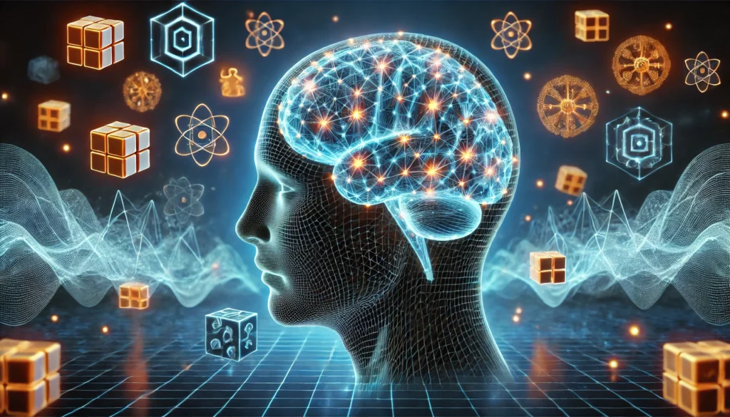 A futuristic 3D rendering of a glowing human brain with intricate memory pathways, surrounded by geometric cognitive puzzles against a deep blue neural grid.